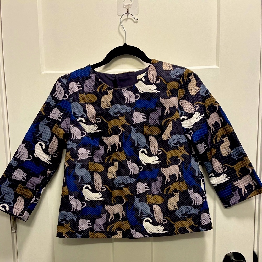 H&M Blue and Brown Cat Print Blouse